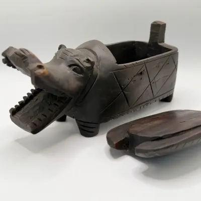 Vintage Hand Carved African Wood Crocodile Box Zoomorphic Lidded Container Tribal Art