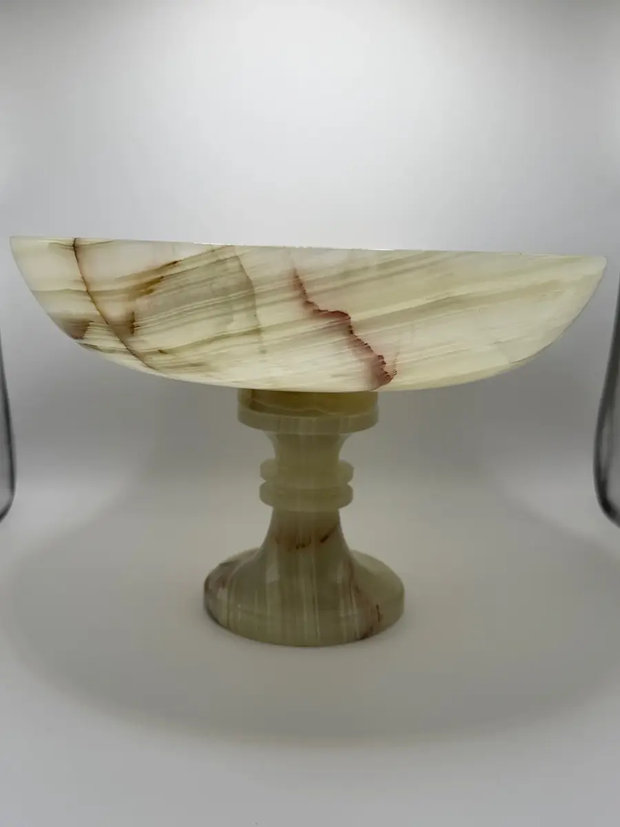 Vintage Hand-Carved Banded Onyx Pedestal Compote Bowl – Exquisite Natural Veining