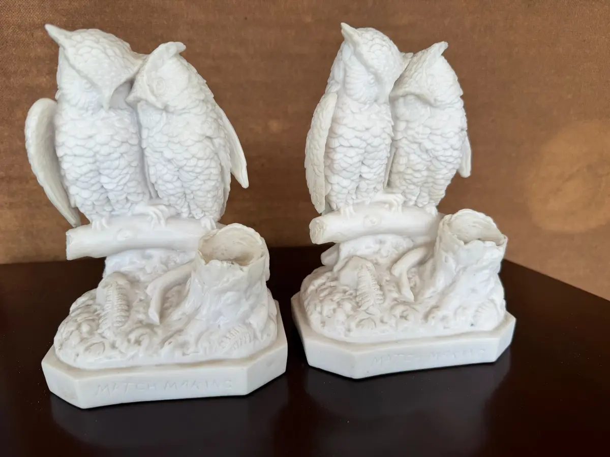 Pair of antique Parian ware figural match holders titled "Match Making"