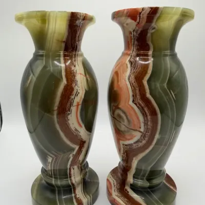 Pair Vintage MCM Green Onyx Vases Hand Carved Multi Banded Stone Bud Vases