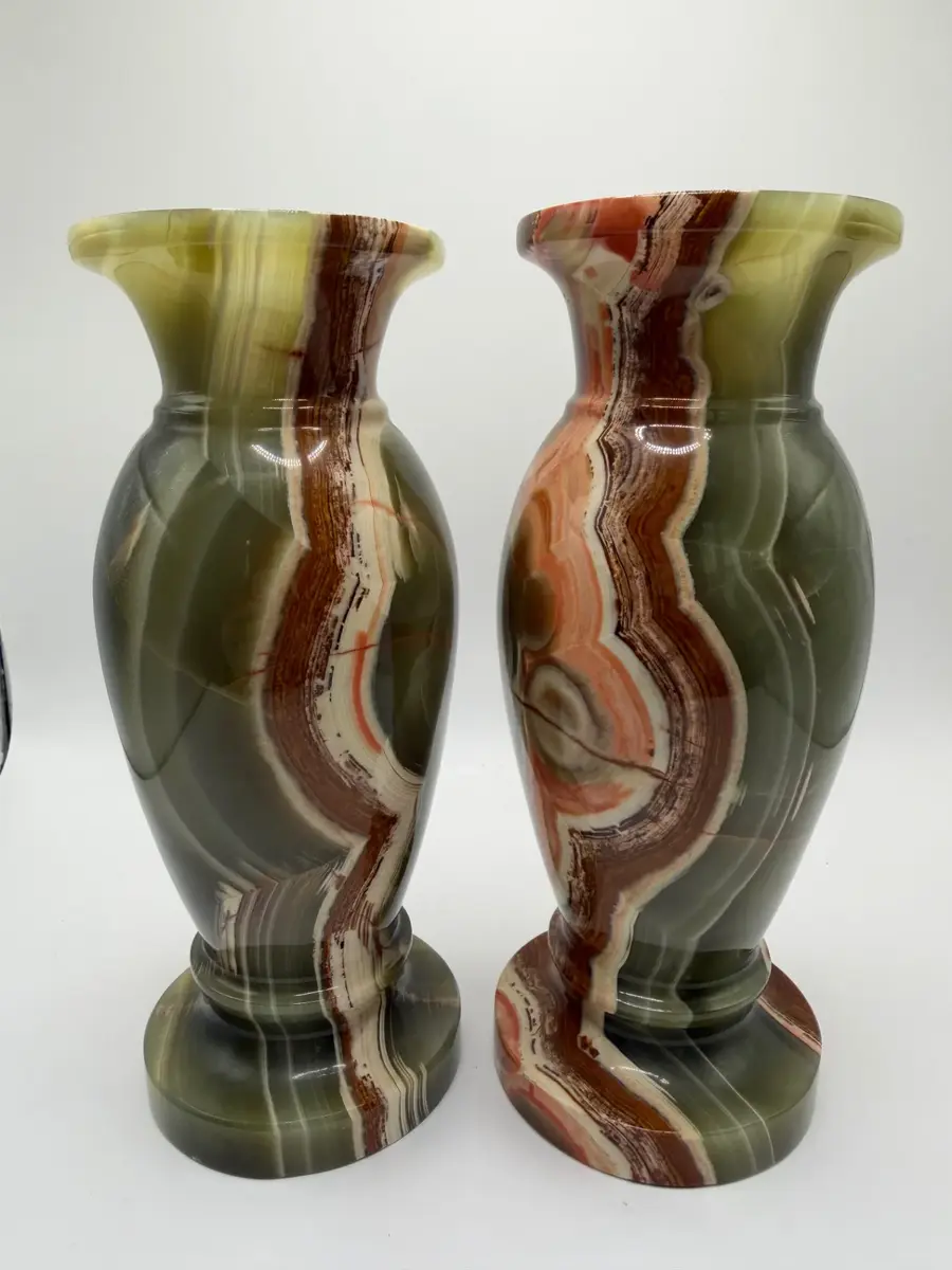 Pair Vintage MCM Green Onyx Vases Hand Carved Multi Banded Stone Bud Vases