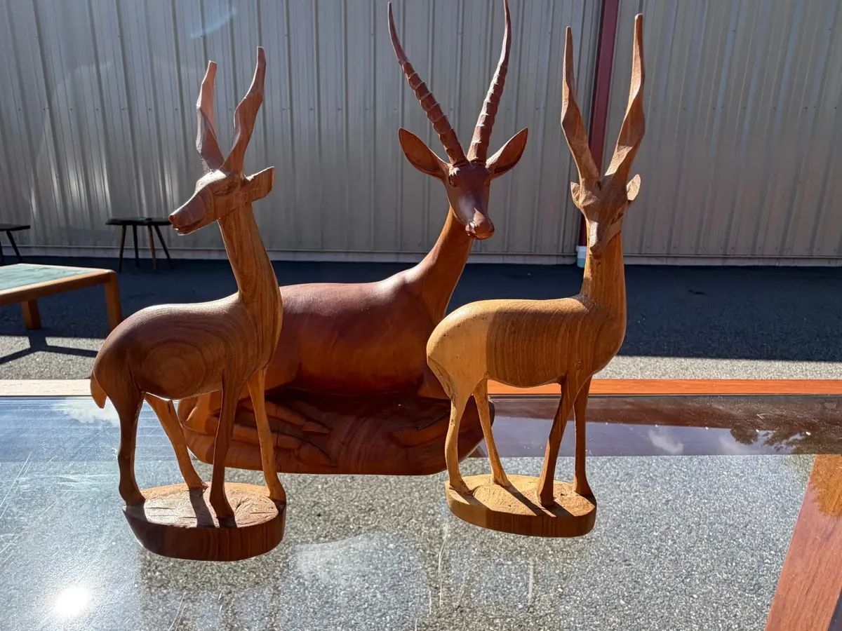 Vintage hand-carved wooden African gazelle/antelope sculptures