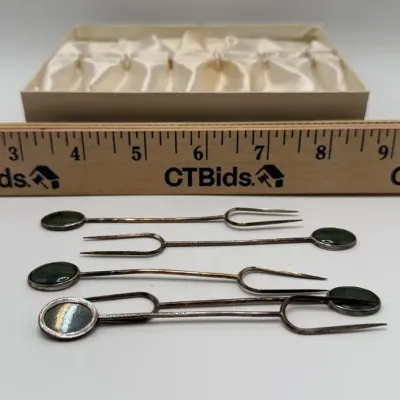 Vtg Mid-Century Sterling Silver & Green Gemstone Hors d'Oeuvre Picks Set w/ Box