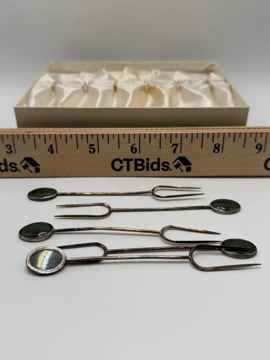 Vtg Mid-Century Sterling Silver & Green Gemstone Hors d'Oeuvre Picks Set w/ Box