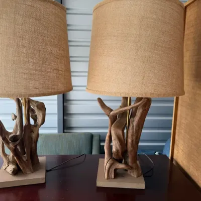Pair of Vintage Boho Driftwood Lamps with Complimentary Shades