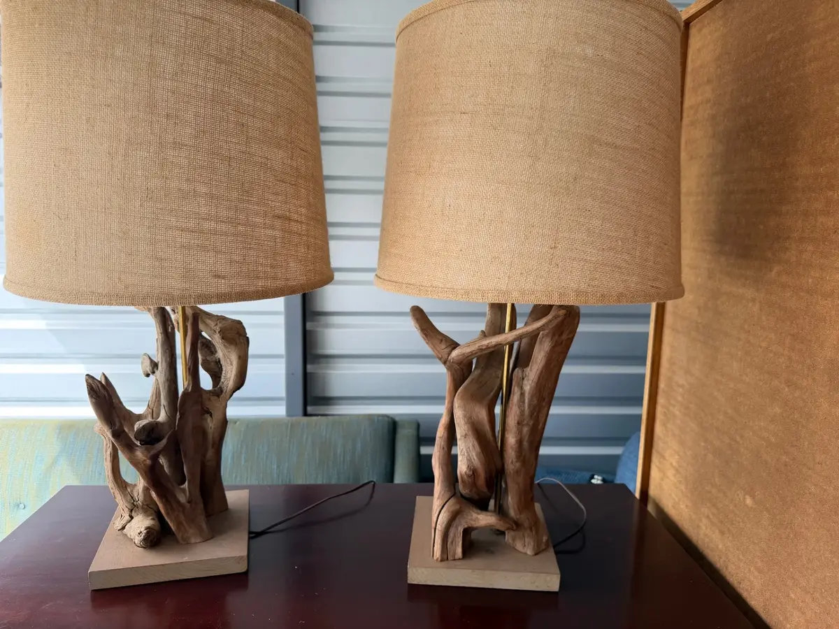 Pair of Vintage Boho Driftwood Lamps with Complimentary Shades