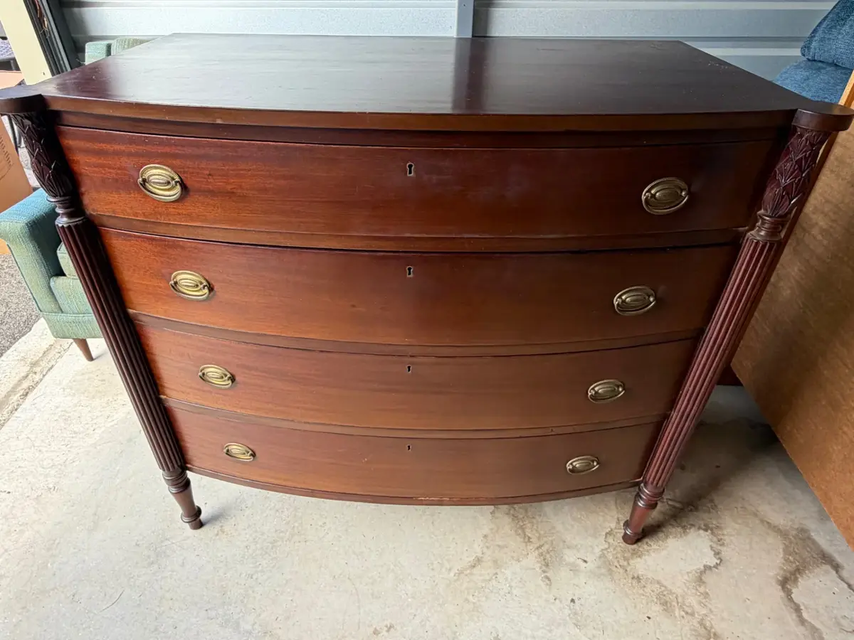 Paine Company Classic Mahogany Bowfront Chest, Brass Pulls, Mahogany