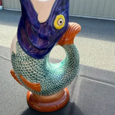 SECLA Vintage multi-color ceramic fish gluggle jug Portugal
