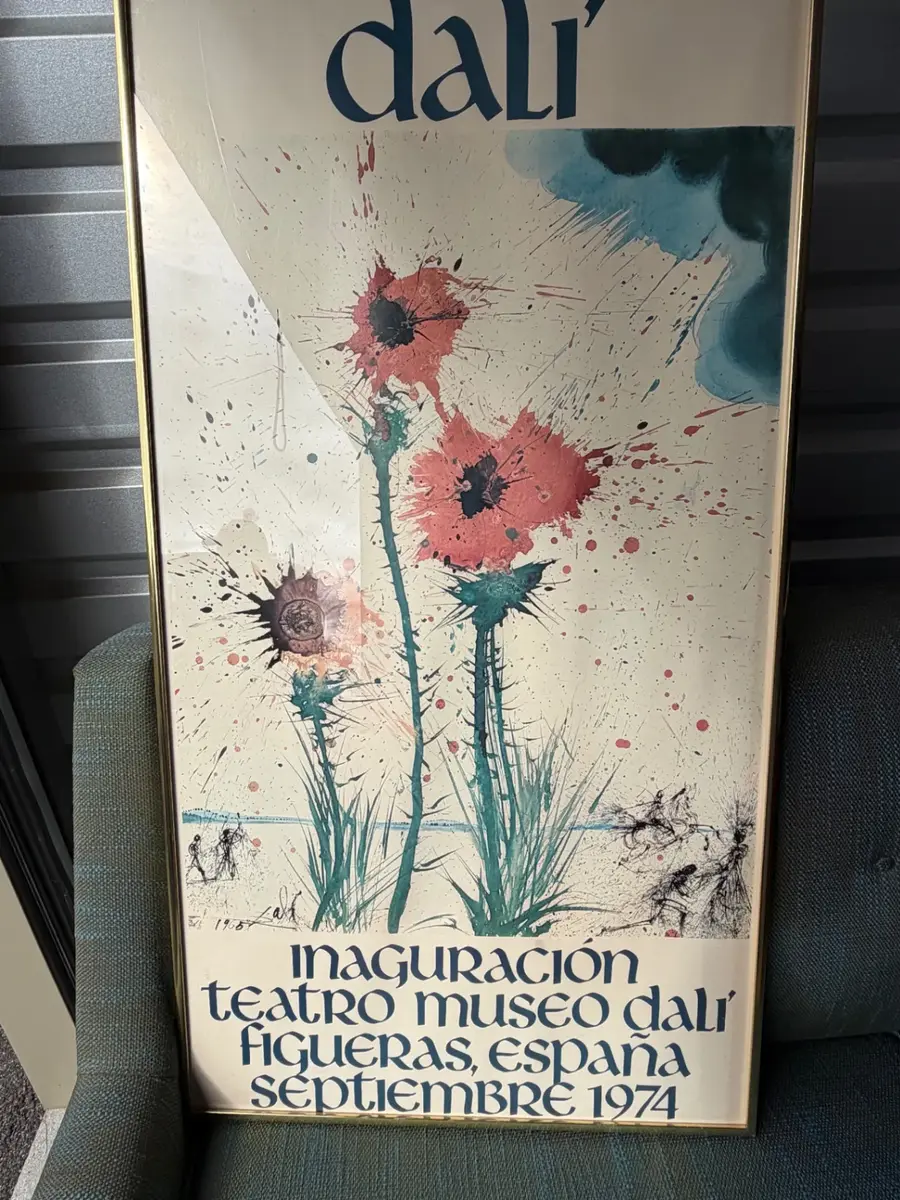 Authentic vintage 1974 exhibition poster featuring Salvador Dalí’s artwork titled "Spring Explosive"