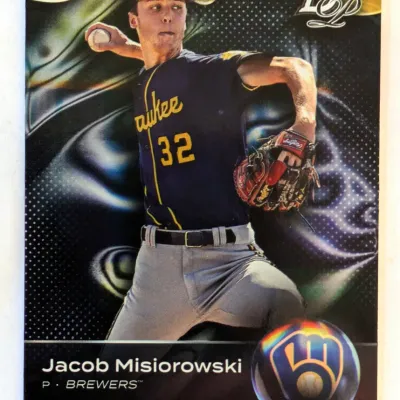 Bowman Platinum baseball card featuring Jacob Misiorowski of the Milwaukee Brewers in a pitching pose.