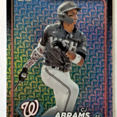 Topps CJ Abrams Washington Nationals baseball card featuring a colorful, patterned background.