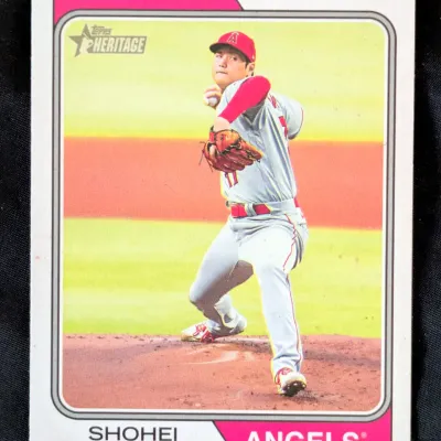 Topps Heritage Shohei Ohtani baseball card, depicting him in his Los Angeles Angels uniform, in excellent condition.