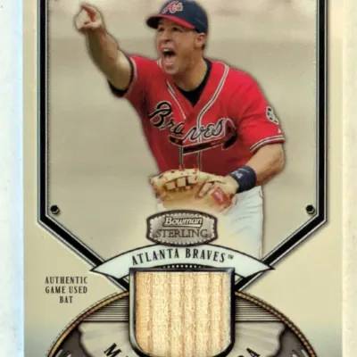 Bowman Sterling Mark Teixeira Atlanta Braves baseball card featuring an authentic game-used bat relic.