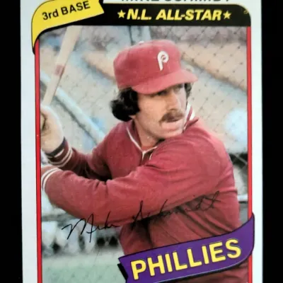 1982 Topps Mike Schmidt N.L. All-Star baseball card, featuring the Philadelphia Phillies third baseman in a batting stance.