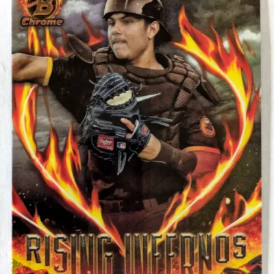 Bowman Chrome Ethan Salas "Rising Infernos" baseball card, featuring the catcher in full gear framed by a ring of fire.