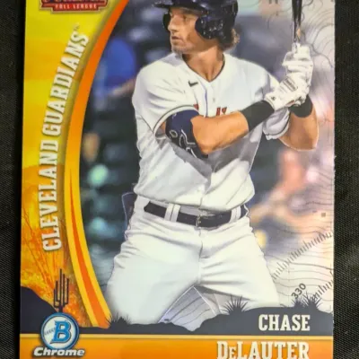 Bowman Chrome Chase DeLauter baseball card, featuring him in a Cleveland Guardians uniform for the Arizona Fall League.