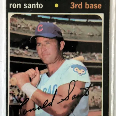 1971 Topps Ron Santo baseball card, number 250, featuring the Chicago Cubs third baseman in a protective sleeve.