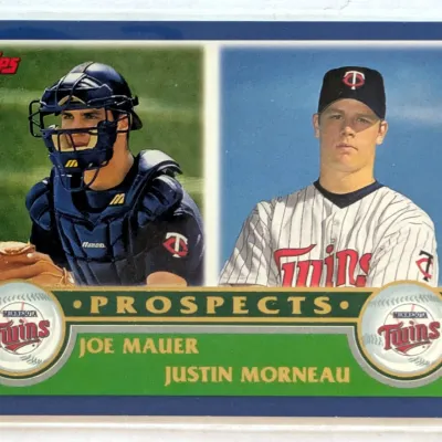 2002 Topps baseball card featuring Minnesota Twins prospects Joe Mauer and Justin Morneau, in excellent condition.