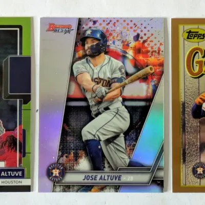 Three Jose Altuve baseball cards featuring Donruss Optic, Bowman's Best, and Topps Finest Gamers designs, all in excellent condition.