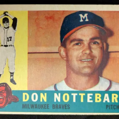 Vintage 1960 Topps Don Nottebart baseball card, number 237, featuring the Milwaukee Braves pitcher with minor corner wear.