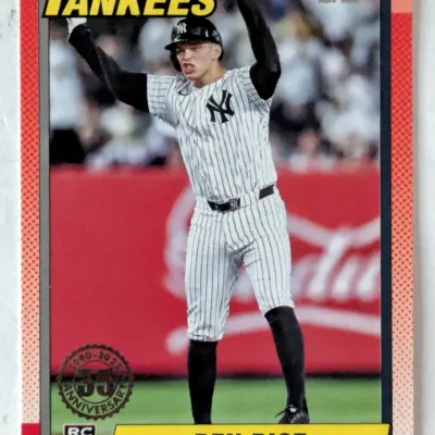 Topps Ben Rice rookie baseball card featuring the New York Yankees player in a home pinstripe uniform.