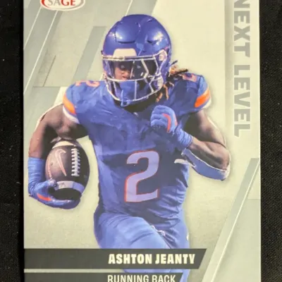 SAGE Next Level football trading card featuring running back Ashton Jeanty in a blue Boise State uniform.