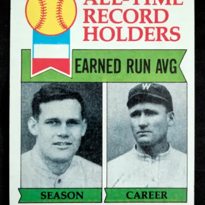 Vintage Topps baseball card featuring All-Time Record Holders Dutch Leonard and Walter Johnson for Earned Run Average, showing sharp...