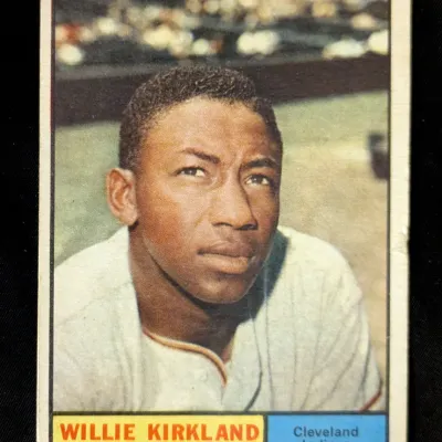 Vintage Topps Willie Kirkland baseball card, depicting him as an outfielder for the Cleveland Indians, showing some wear on the edges and...