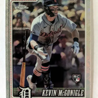 Topps Chrome Kevin McGonigle rookie baseball card, featuring the Detroit Tigers shortstop in action.