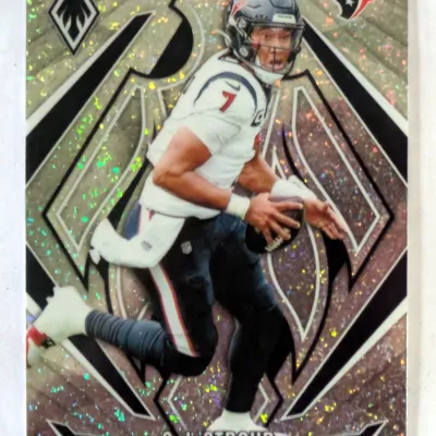 Panini Phoenix C.J. Stroud rookie trading card featuring a glittery holographic background.