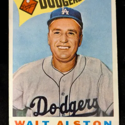Vintage 1965 Topps Walt Alston baseball card, featuring the Los Angeles Dodgers manager with minor corner wear.