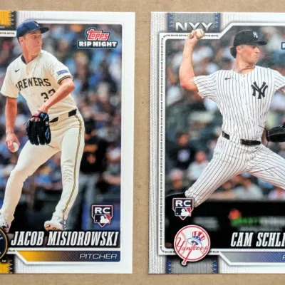 Two Topps Rip Night baseball rookie cards featuring pitchers Jacob Misiorowski of the Milwaukee Brewers and Cam Schlittler of the New...
