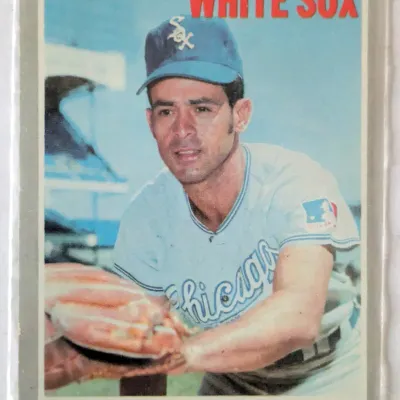 Vintage 1970 Topps Luis Aparicio baseball card, number 10, featuring the Chicago White Sox shortstop in a protective sleeve.