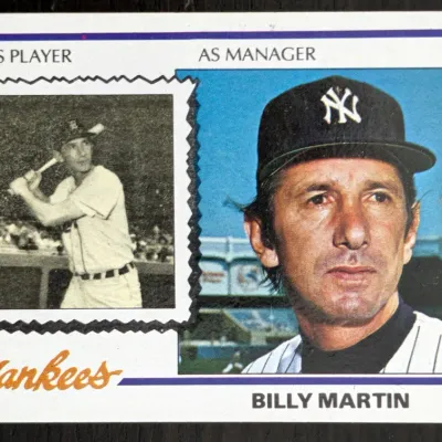 Vintage 1978 Topps Billy Martin baseball card, featuring him as both a player and manager for the New York Yankees.