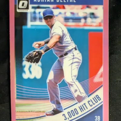 Donruss Optic Adrian Beltre "3,000 Hit Club" baseball card, featuring a pink border and showing the third baseman in action.