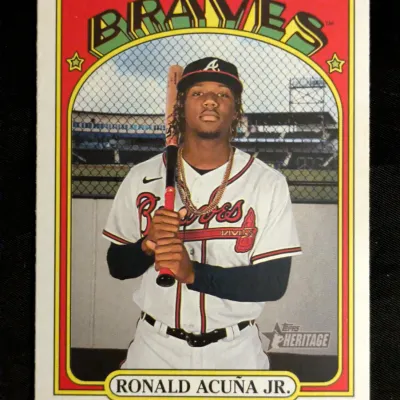 Topps Heritage baseball card featuring Ronald Acuña Jr. of the Atlanta Braves, designed in a retro style with a yellow and red border.