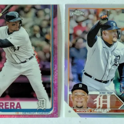 Two Topps Chrome Miguel Cabrera baseball cards featuring him in his Detroit Tigers uniform, including a pink refractor parallel.