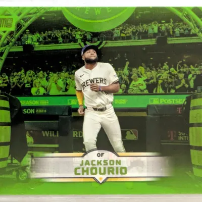 Topps Stadium Club Jackson Chourio rookie baseball card, featuring a green parallel design and showing the Milwaukee Brewers outfielder...