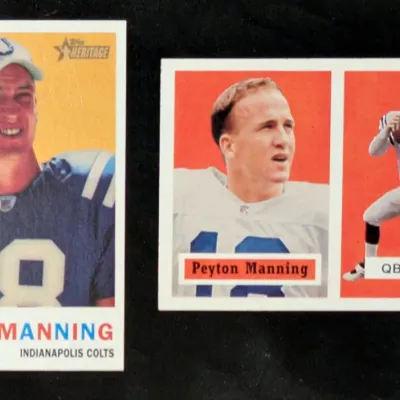 Two Topps Heritage Peyton Manning football cards featuring him in his Indianapolis Colts uniform.