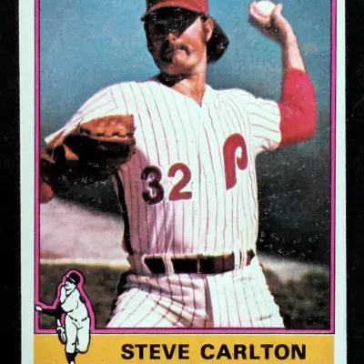 1982 Topps Steve Carlton baseball card, number 300, featuring the Philadelphia Phillies pitcher in his home pinstripe uniform.