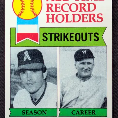 Vintage 1974 Topps baseball card #207, featuring All-Time Record Holders Nolan Ryan and Walter Johnson for strikeouts.