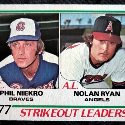 1978 Topps baseball card #206 featuring 1977 Strikeout Leaders Phil Niekro and Nolan Ryan, showing some light corner wear.