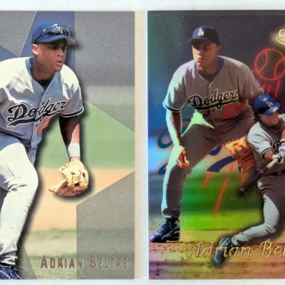 Two Adrian Beltre baseball cards featuring him in his Los Angeles Dodgers uniform, including a Topps Stars card and a Topps Gold Label...