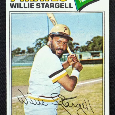 Vintage 1980 Topps Willie Stargell baseball card, featuring the Pittsburgh Pirates first baseman in a batting stance with a facsimile...