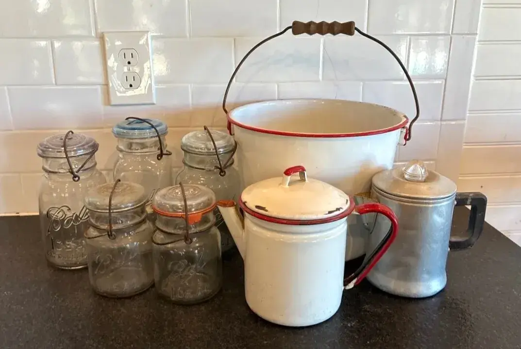 Vintage Enamelware And Ball Mason Jar Collection 