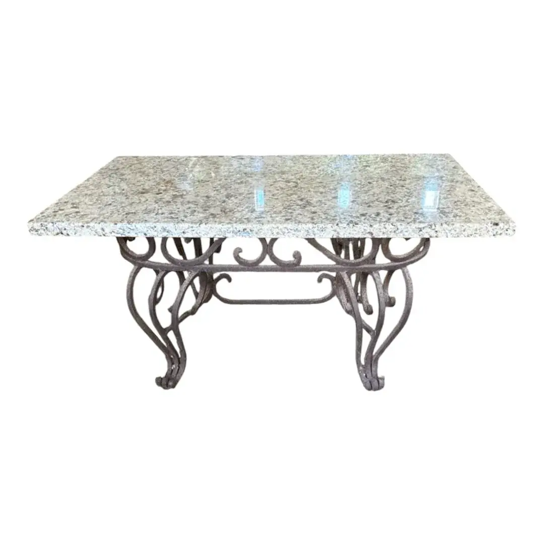 Rustic Table W/ Scrolled Metal Base & Rectangular Speckled Granite Top