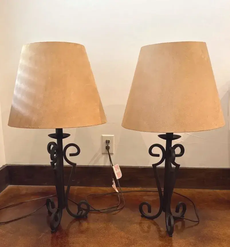 Pair of wrought iron based, suede shade lamps