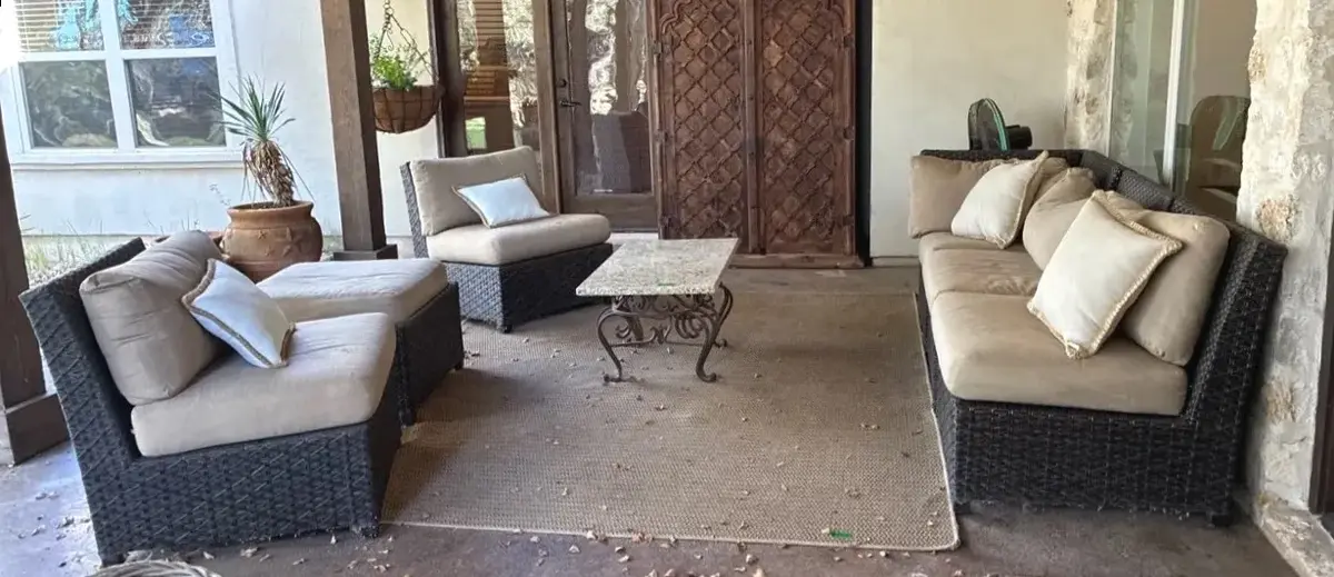 Wicker Outdoor Sofa, Two Chairs, Ottoman W/  Beige Cushions & Pillows 