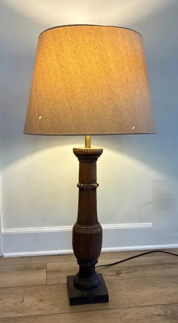 Wood Carved Table Lamp With Linen Lamp Shade
