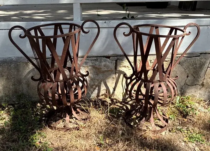 Rustic Wrought Iron Strap Urn Planters - Set Of 2